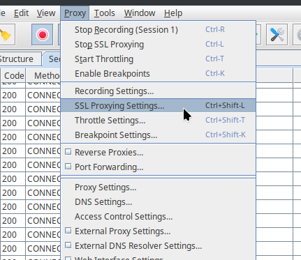 Screenshot of Charles Proxy, selecting the option Proxy > SSL Proxying Settings...