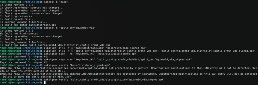 A screenshot of commands used to create an APK file and sign it.