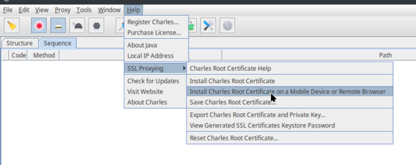 Screenshot of Charles Proxy, selecting the option Help > SSL Proxying > Install Charles Root Certificate on a Mobile Device or Remote Browser.