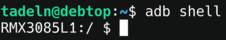 A screenshot showing the command "adb shell" typed in a terminal.