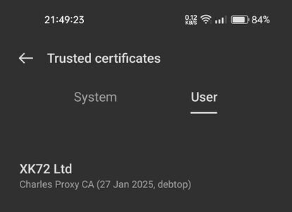 Screenshot of the "Trusted certificates" menu in the Android settings, showing a Charles proxy certificate.