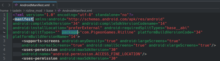 Screenshot of the AndroidManifest.xml file with the package attribute highlighted.