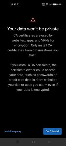 Screenshot of a safety warning that appears when installing a custom certificate on Android.