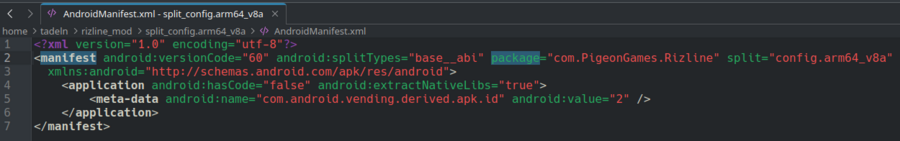 A screenshot showing a short AndroidManifest.xml file for a split APK