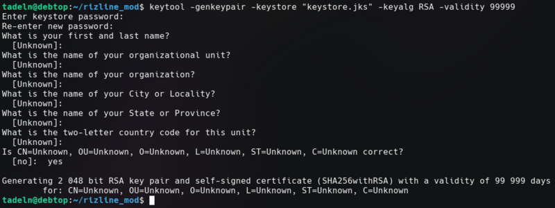 Screenshot of a terminal with a basic keytool command.