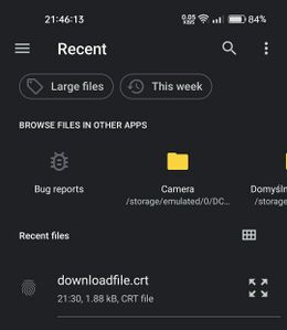 Screenshot of an Android file picker, with a downloadfile.crt file visible.