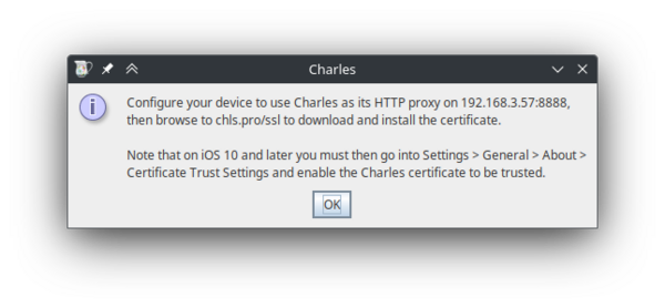 Pop-up window, showing the local IP address and port of the proxy server. In this case: 192.168.3.57:8888.