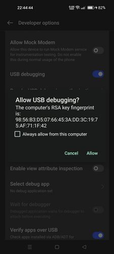 Screenshot of a pop-up asking the user to allow or deny USB debugging on Android.