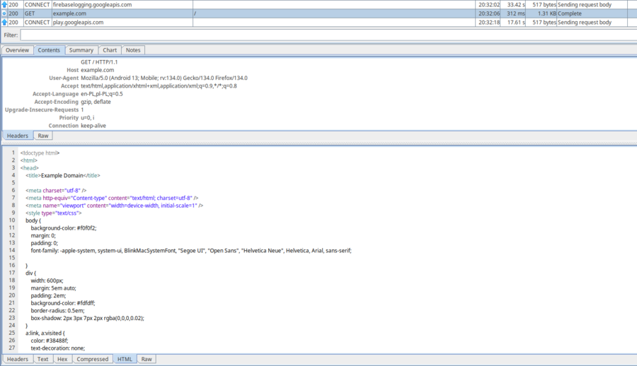 A screenshot showing response data in Charles.