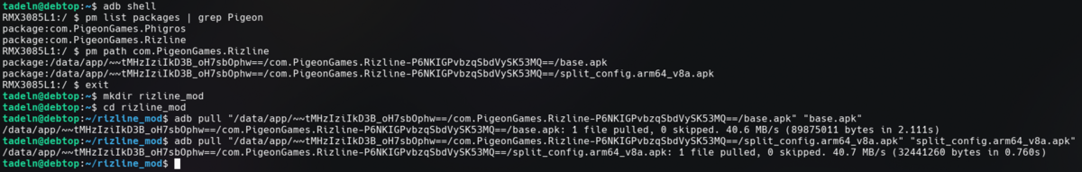 Screenshot of a terminal with all commands used to get APK files from a mobile device.