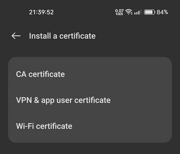 Screenshot of the "Install a certificate" menu in Android Settings
